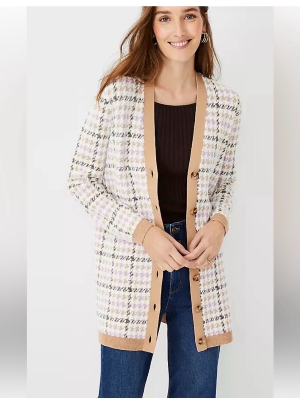 Ann Taylor Boyfriend Houndstooth Long Cardigan Sweater Plaid Jacket Brown Pink M